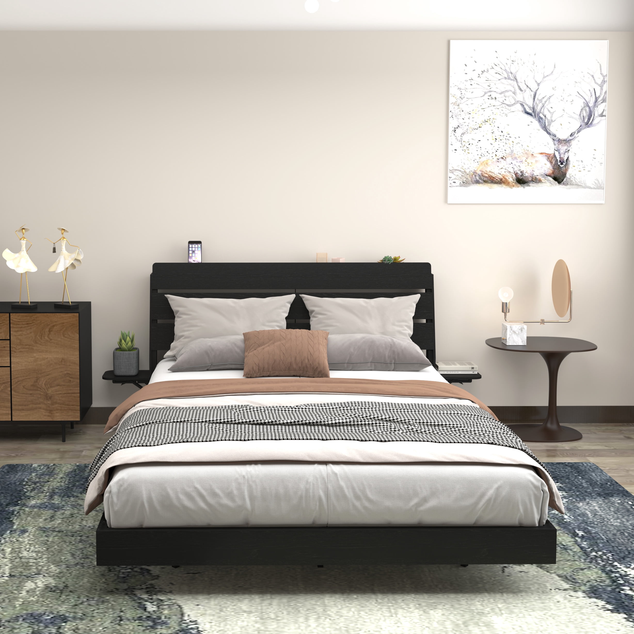 Miniyam Queen Floating Bed Frame with RGB LED Lights, Storage Headboard & USB Charging Station, Black