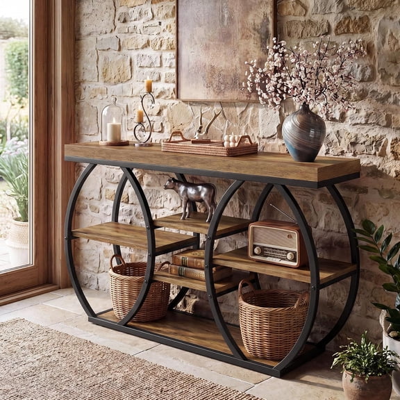Finmind 47" Farmhouse Console Table, 4-Tier Narrow Entryway Sofa Table with Curved Metal Frame, Rustic Brown