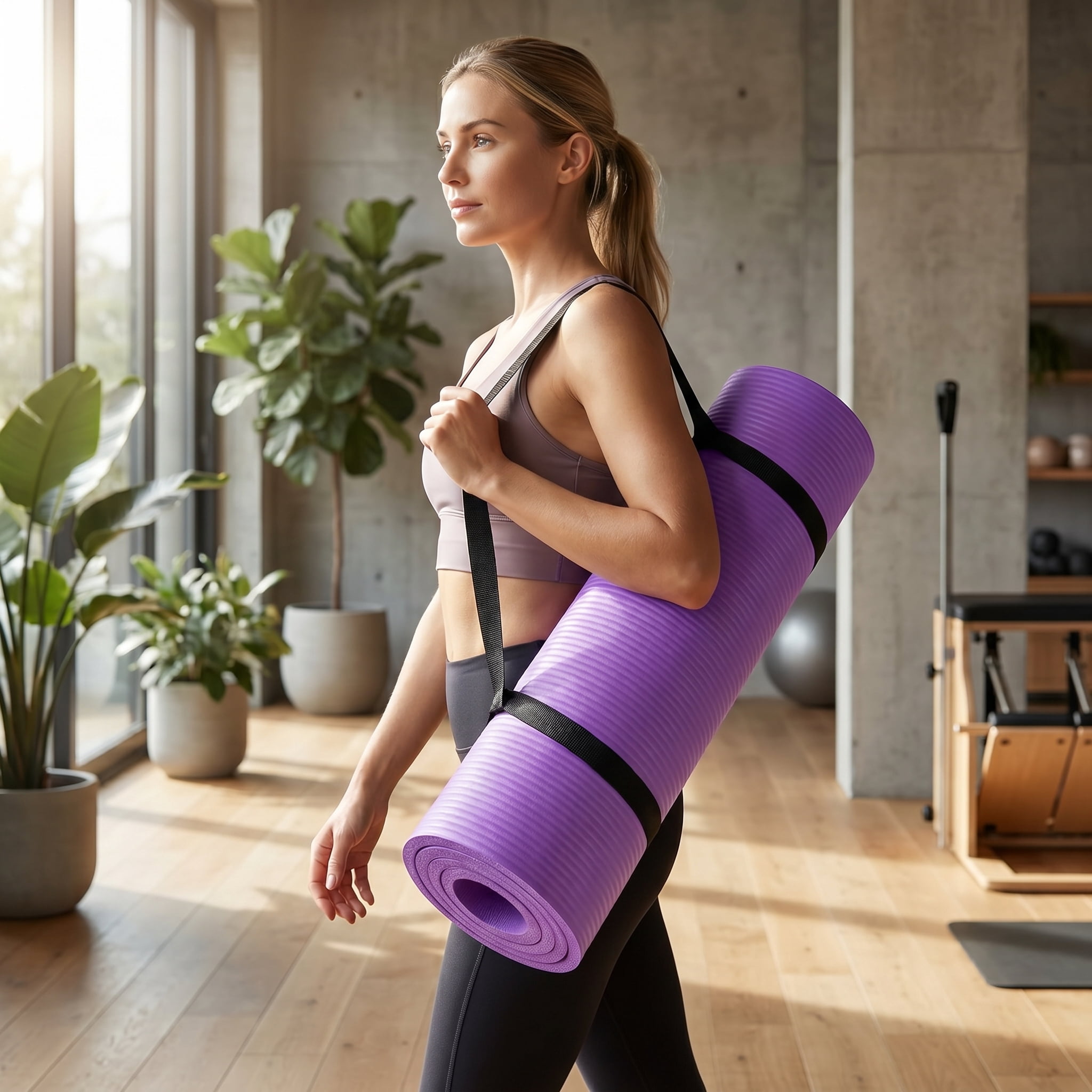 ZHANGJIA 71x24 Inches Extra Thick Yoga Mat 1-Inch High-Density Foam – Roll-Up Exercise Pad with Double-Sided Non-Slip Surface and Carrying Strap for Pilates and Home Workouts Purple