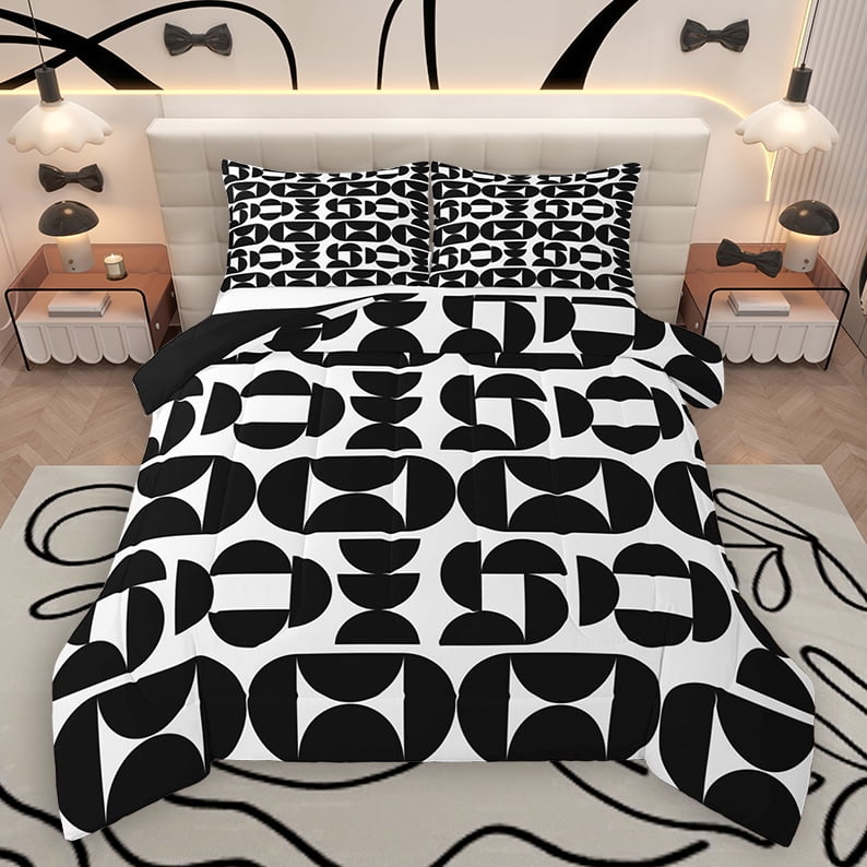 Homewish Fashion Minimalst Adult Queen Comforter Set Black White Square Cycle Bedding Sets Modern Abstract Reversible Bedding Comforter Set Lightweight Room Decor 3 Pieces