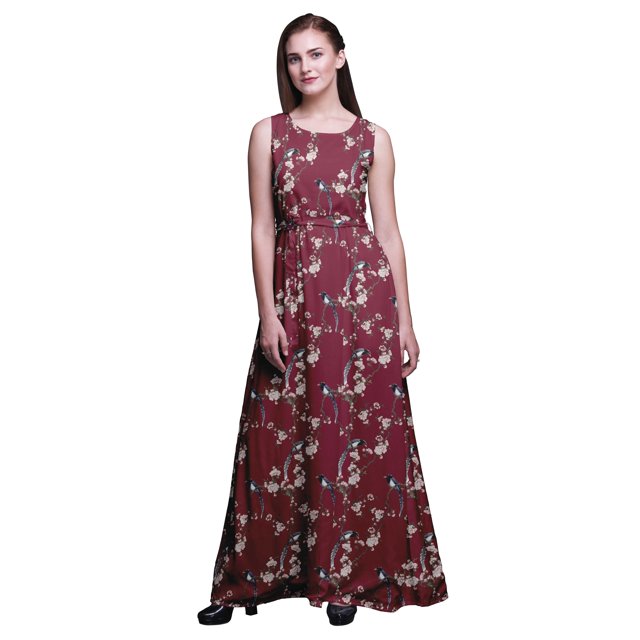 Bimba Robe Longue Maxi Sans Manches pour Femmes à Imprimé d'Oiseaux Style Chic - X-Grand