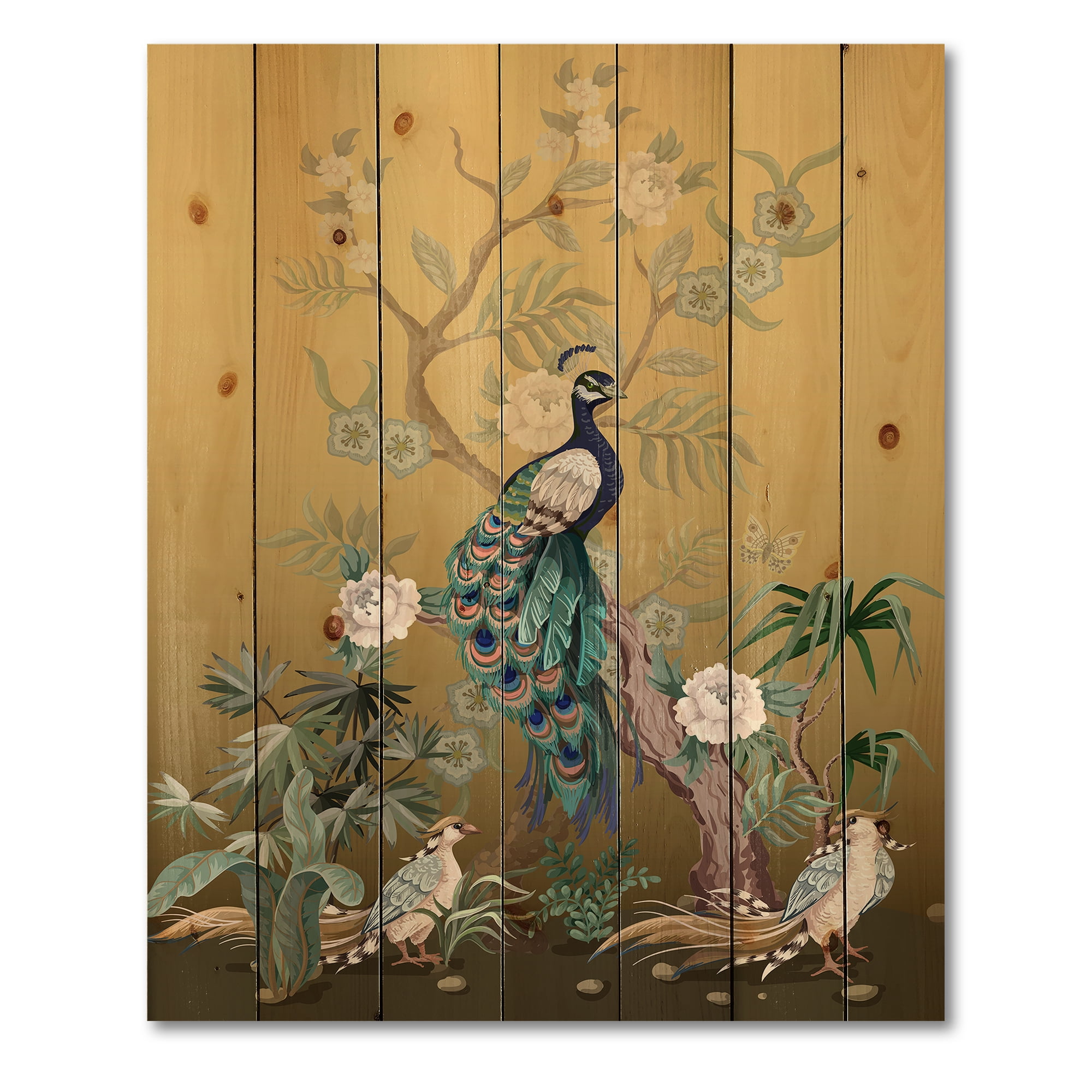 Designart 'Chinoiserie With Peonies and Birds VI' Traditional Print on Natural Pine Wood
