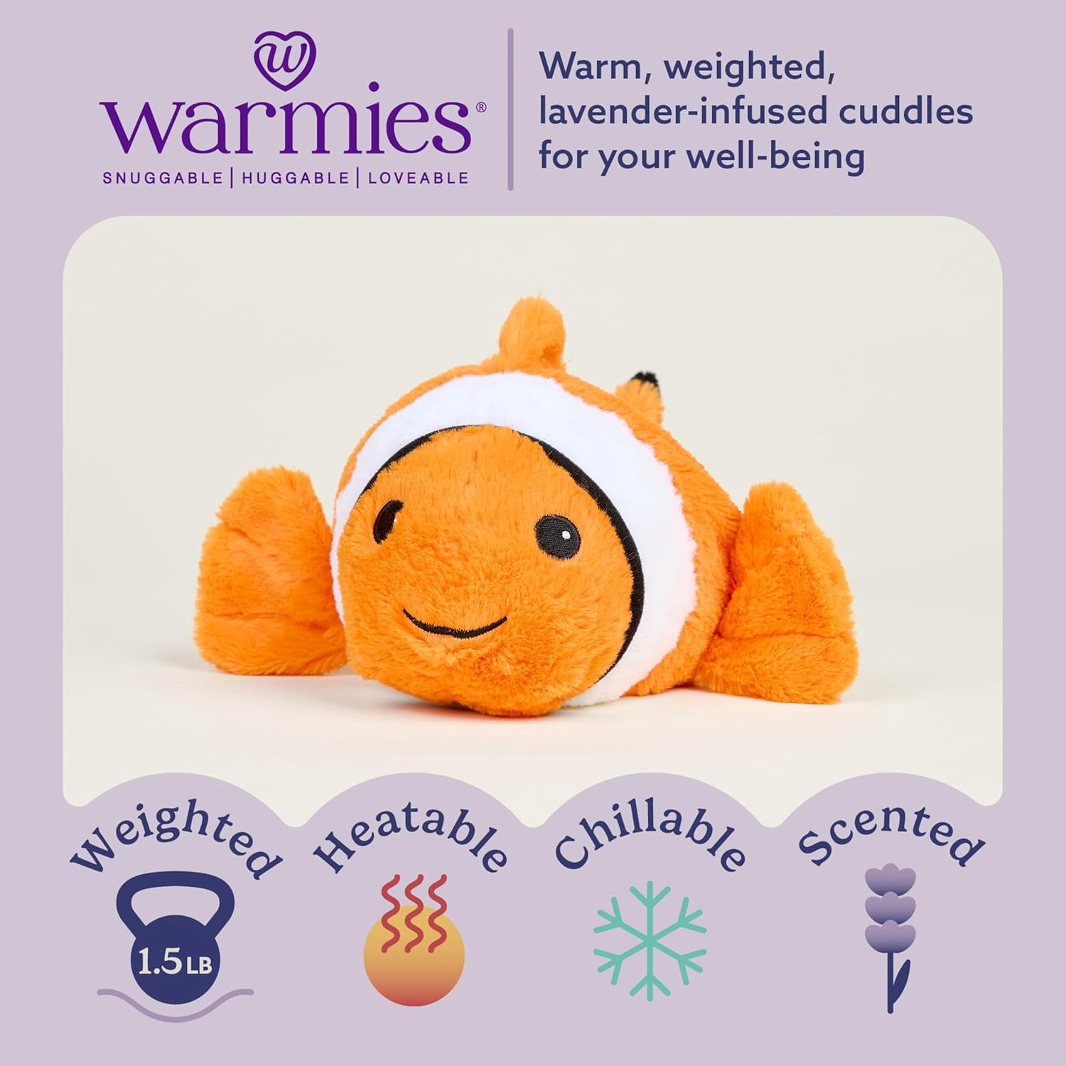 warmies 13” Clown Fish Stuffed Animal, Microwavable Heated Plushies and Weighted Soft Plush Toys