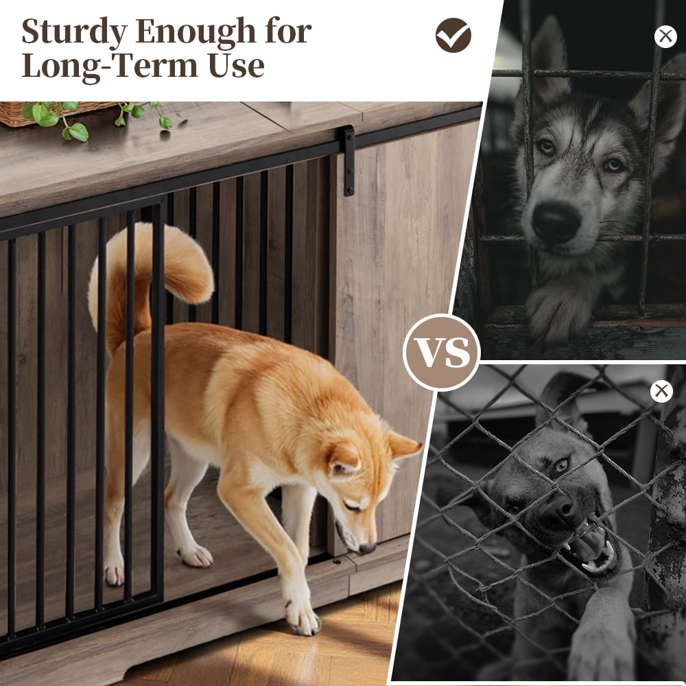Large Dog Crate Furniture with 2 Divider End Table, DOMIPET Wooden Indoor Dog Kennel TV Stand, Metal Tube & 2 Lockable Barn Door