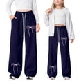 thumbnail image 2 of Gelikeya Girls Bowknot Baggy Sweatpants Lightweight Straight Leg Athletic Pants with Pockets Back to School Clothes, Dark Blue & 6-7 Years, 2 of 6