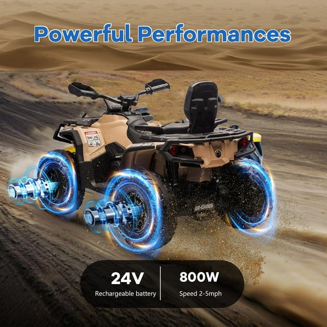 QinaQin 24V Electric Ride-On ATV, 4WD 2-Seater with Bluetooth, Brown