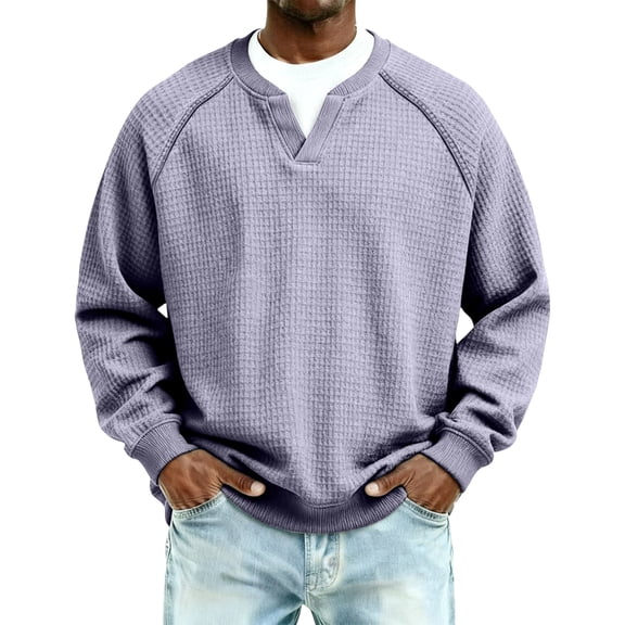 Lumtrix Men's V Neck Sweatshirt Casual Long Sleeve Waffle Sweatshirts Fashion Pullover Shirts Light Purple 2XL