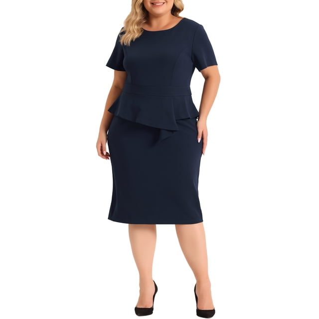 GRACE & GRANDEUR Vestido Midi Formal de Trabajo para Mujeres Talla Grande de Manga Corta Cuerpo Ajustado en Lápiz Color Azul Marino 1X