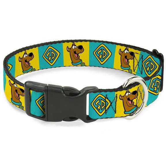 Scooby Doo Pet Collar, Dog Collar Plastic Buckle, Scooby Doo Pose and Dog Tag Blocks Yellow Blue, 7 to 8.5 Inches 0.5 Inch Wide