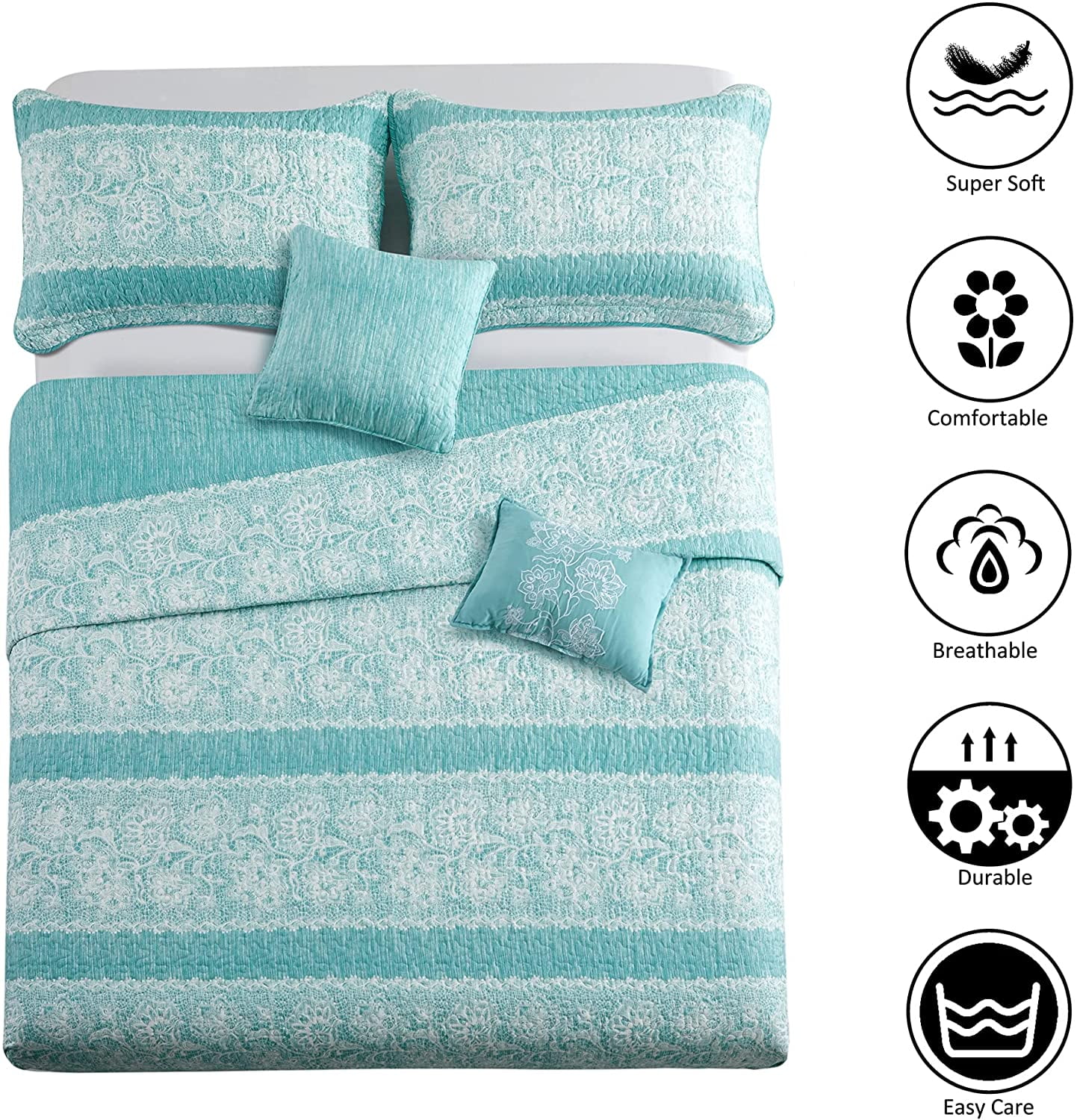 Home Soft Things 5 Piece Printed Microfiber Quilts Bedspread Set - Emma - Teal Aqua - King (102" x 90")