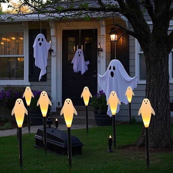 Solar Lights Outdoor, Halloween Ghost with Stakes, Waterproof Solar Garden Lights Decorative Yard Sign for Walkway, Halloween Party Favors for Patio or Porch, Outdoor Halloween Decorations
