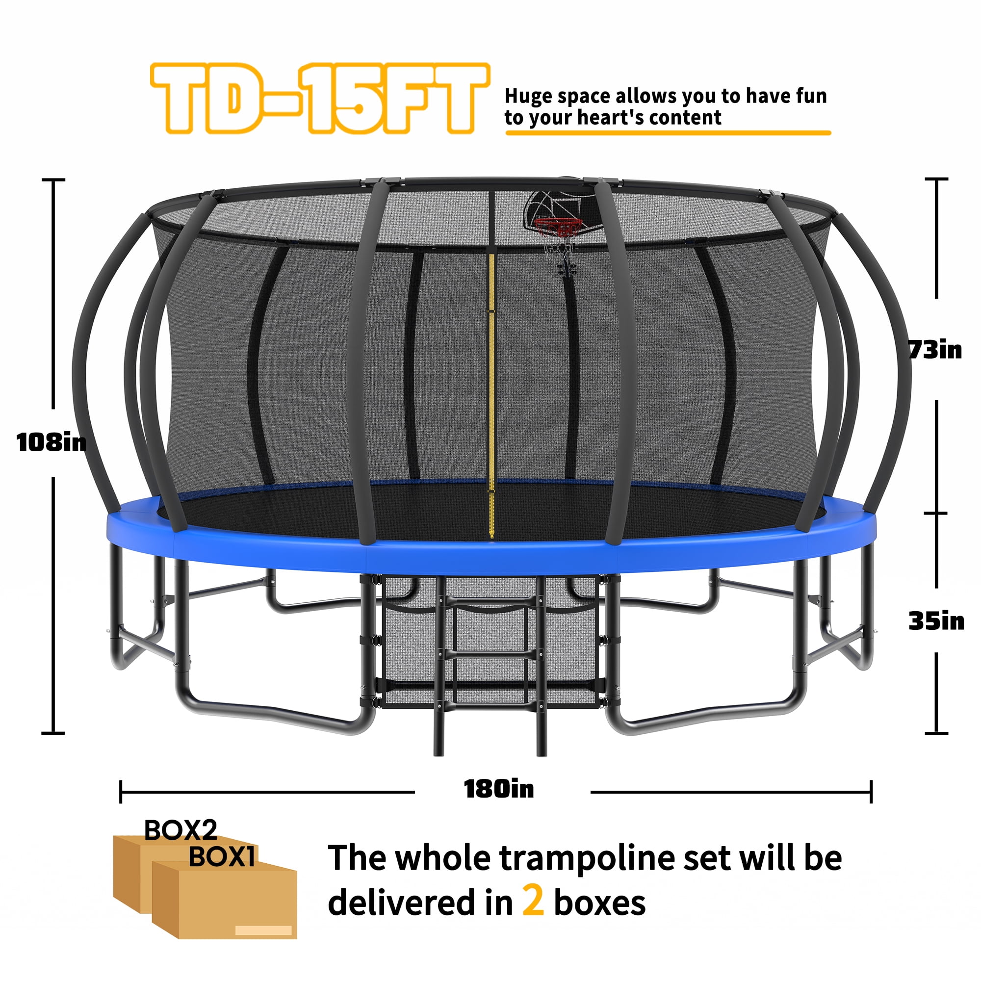 Leumius 15FT Trampoline with Basketball Hoop,Outdoor Pumpkin Recreational Trampolines with Ladder,Heavy-Duty Trampoline with Safety Enclosure for Kids and Adults,Blue