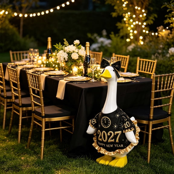 Yaayu New Year Goose Costume, 23 Inch Yard Goose Outfit with 2027 Happy New Year Dress and Bow, Polyester Outdoor Garden Decor for Holiday, Black Gold