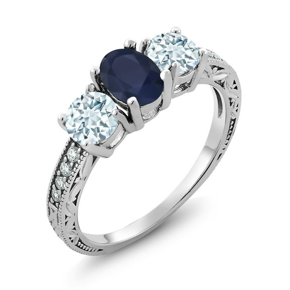 Gem Stone King 2.12 Ct Oval Blue Sapphire Sky Blue Aquamarine 925 Sterling Silver Moissanite Ring (Size 6)