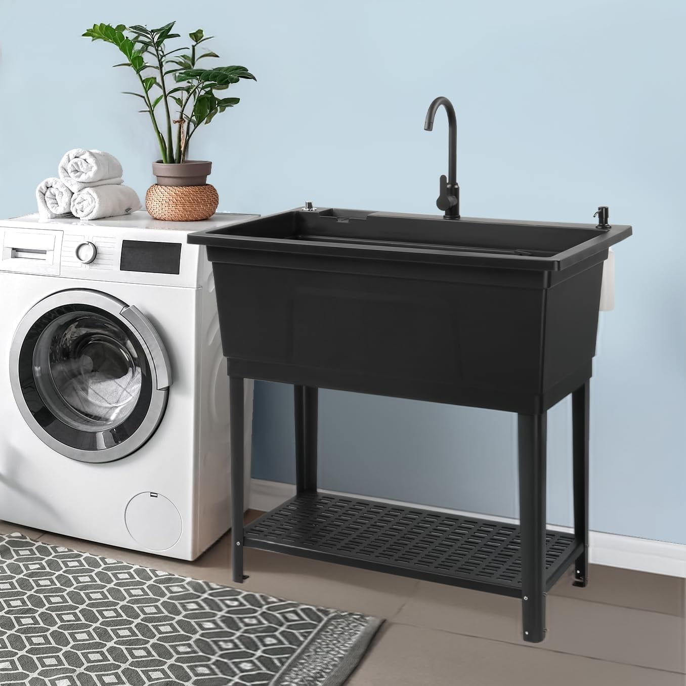 Ktaxon 27 Gallon Plastic Utility Sink with Hot/Cold Faucet, 36" Freestanding Laundry Tub with Iron Legs, Storage Shelf, Drain Board, Soap Dispenser and Pop-up Button for Bathroom, Laundry Room, Black