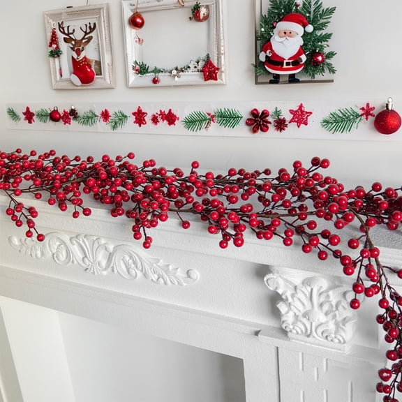 AuroraX Beaded Berry Christmas Garland Artificial Red Berry Garland Indoor Festive Non-Lit 71 Inch Soft Christmas Garland Decoration Red