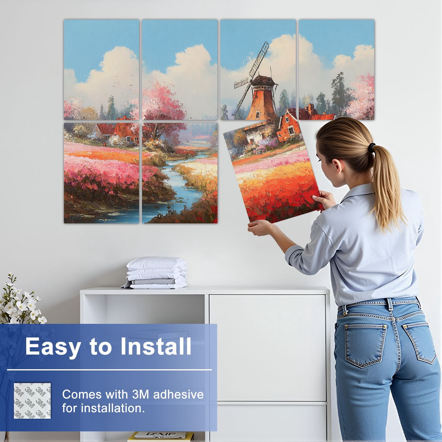 Windmill 8 Pack Art Acoustic Panels Sound Absorbing Whimsical Spring Landscape Tulips Rustic Farmhouses Decorative Soundproof Wall Panels Self Adhesive for Nursery Game Room Bedroom 48"x32"