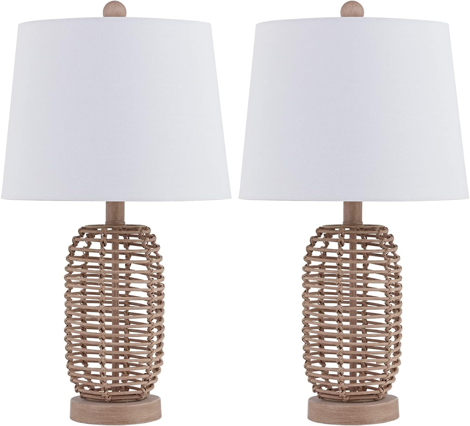 Maxax Natural Rattan Table Lamps Set of 2, Coastal Bedside Lamps 21'' Tall Brown Nightstand Lamps with White Fabric Shade for Bedroom, Living Room