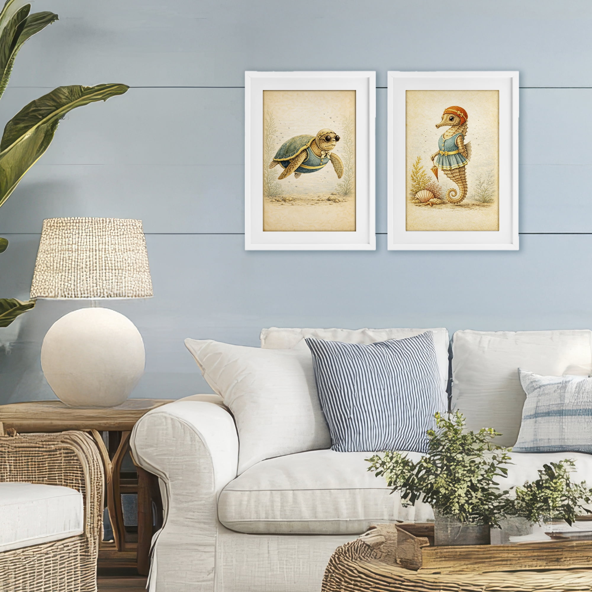 Stupell Industries Vintage Maritime Bathing Animals 2 Piece White Framed Print Under Glass Set, design by Grotto Studios