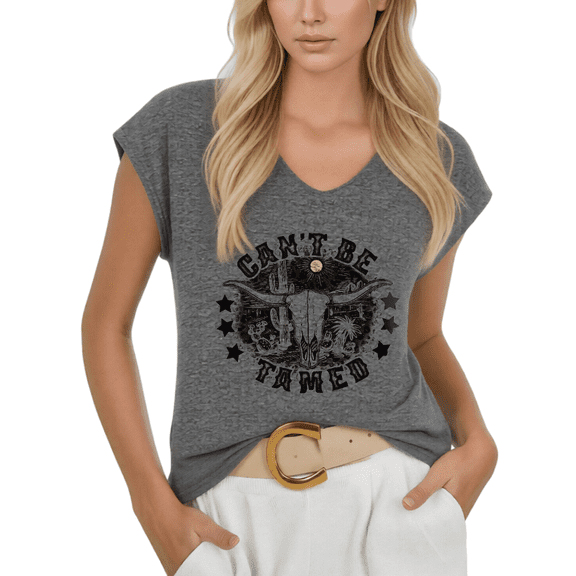 Cozymy Women's Desert Longhorn Skull Print V-Neck Sleeveless Tank Top Can't Be Tamed Western Casual Tee