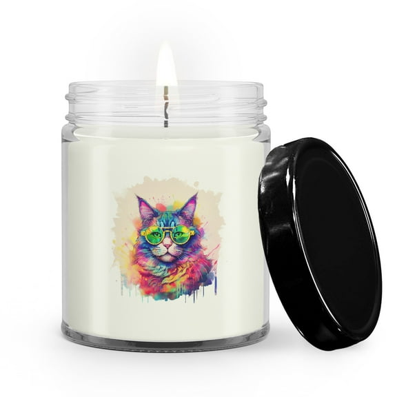 Hippie Maine Coon Portrait oil painting Watercolor Tie-dye Vintage Soy Wax Candle Cat Lover Kitten Owner Gifts 9oz White Birch & Black Pepper Candle - 00015