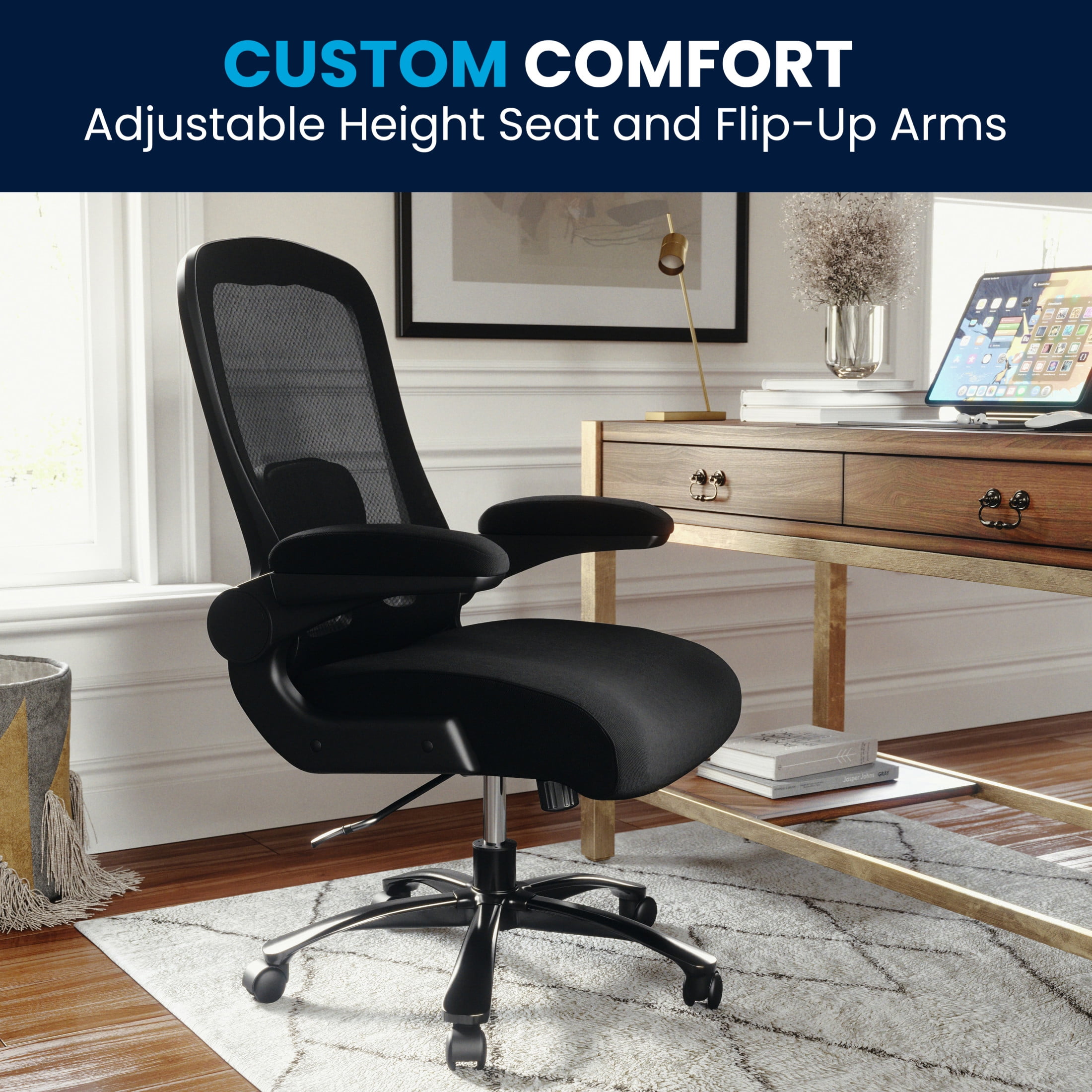 Flash Furniture Big & Tall Swivel Office and Gaming Chair with Lumbar and Back Support, Ergonomic Mesh Office Chair with Flip-Up Armrests and Adjustable Height, Black