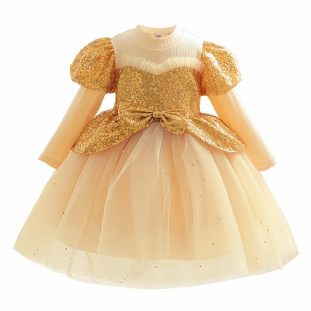 

MIKRDOO Baby Girls Princess Dress Sequins Bow Gauze Performance One Piece Party Dress Yellow 2-3 Years