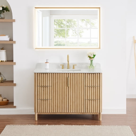 Sierra 48" Wood Vanity in Washed Light Brown Engineered Stone Top with Mirror
