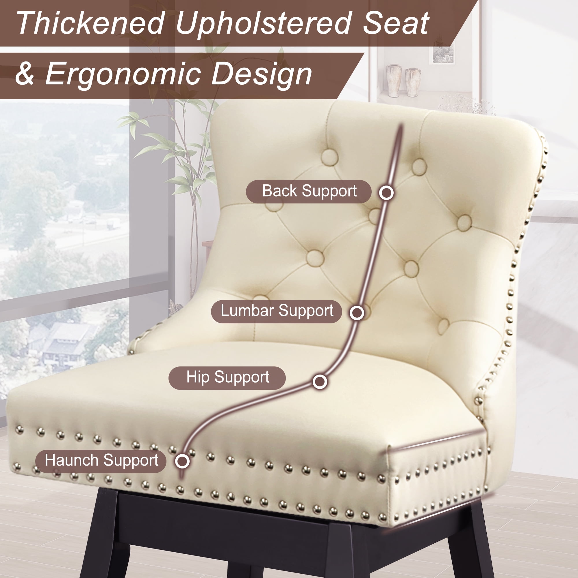 Tewloss 26" Swivel Bar Stools Leather Counter Height Chairs for Home Kitchen Dining, Beige