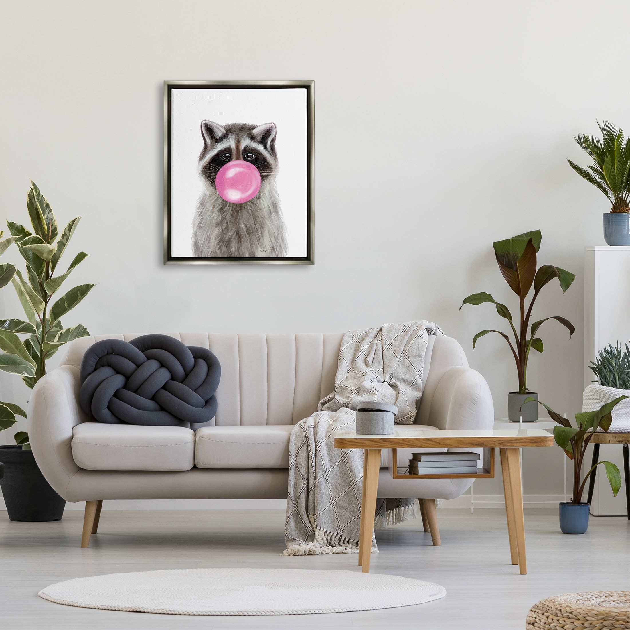 Stupell Industries Raccoon Bubble Gum Wildlife Portrait Graphic Art Luster Gray Floating Framed Canvas Print Wall Art, Design by Elizabeth Tyndall