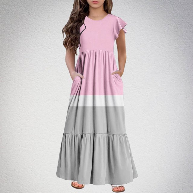 LOVZFMLL Robe à Manches Courtes pour Filles avec Poche Col Rond Manches Courtes