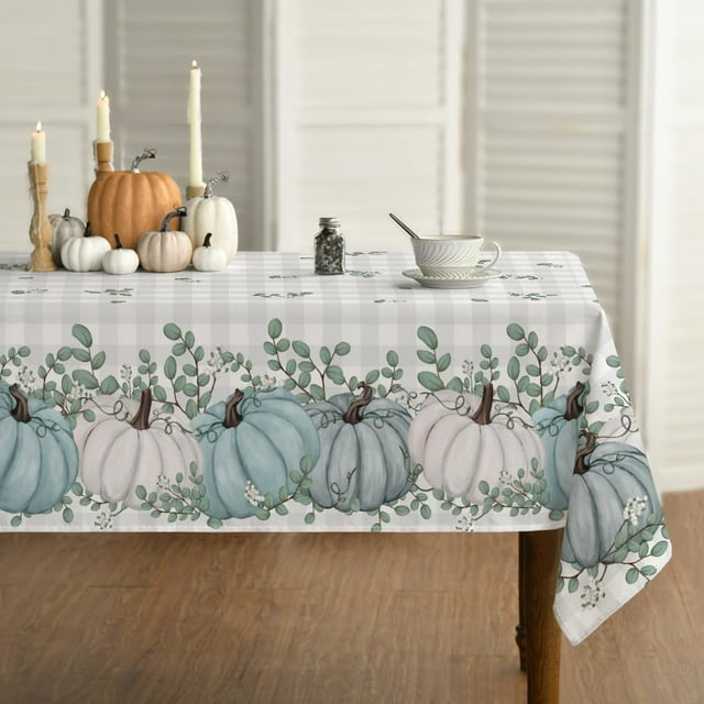 Fall Tablecloth 60x60 Inch Square, Thanksgiving Autumn Harvest Blue Pumpkin Buffalo Plaid Table Cover for Party Picnic Dinner Decor