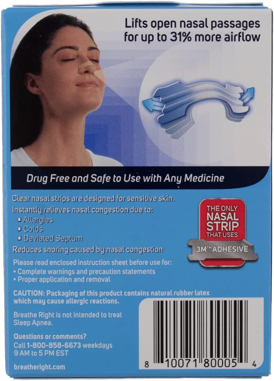 (120 Strips) Breathe Right Nasal Strips Clear Large for Sensitive Skin
