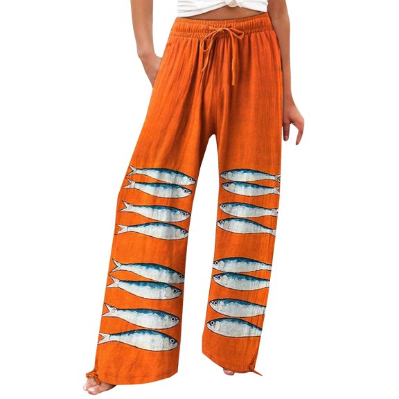 Linen Pants For Women, Vintage Art Printed Wide Leg Trousers, Casual Loose Daily Bottoms With Unique Pockets