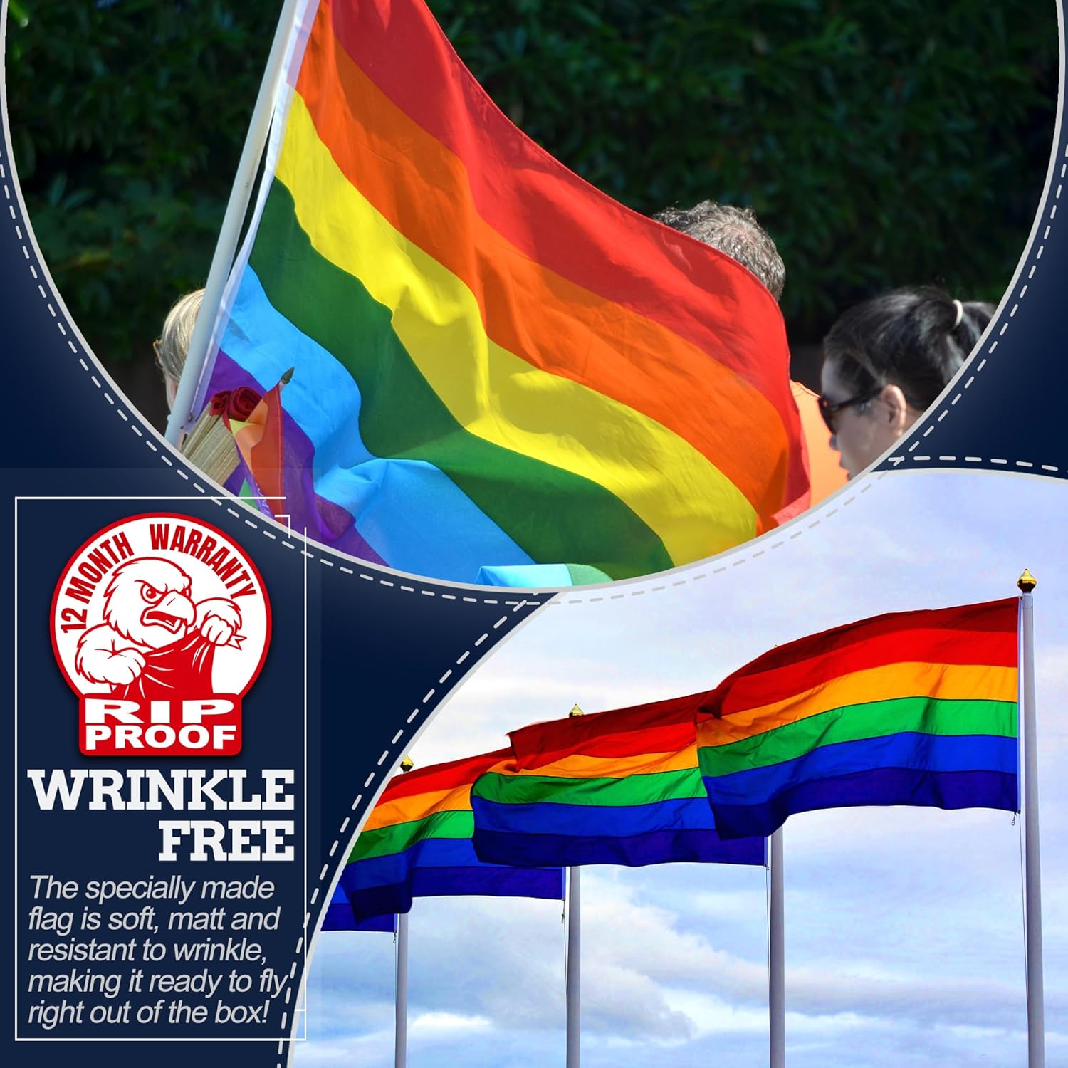 Anley Rip-Proof Double Sided 3-Ply Rainbow Flag 3x5 Foot - Pride LGBTQ Flags 300D Polyester