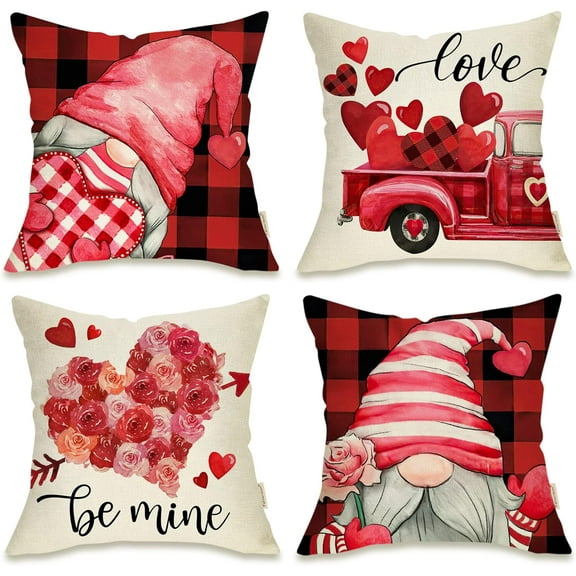 Valentines Day Gnome Love Truck Decorative Throw Pillow Cover 16x16 Set of 4, Red Black Buffalo Plaid Check Arrow Porch Patio Outdoor Pillowcase, Quote Be Mine Gifts Cushion Case Home Decor