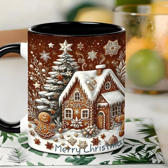 1pc Gingerbread House Snowflake Ceramic Mug 11oz Christmas Coffee Tea Cup with Gingerbread Cookie Design Reusable Xmas Drinkware Hot Cocoa home Office