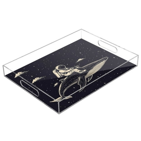 

WOBOGO Acrylic Serving Trays 15.7x11.8 Inch Spill Proof Clear Decorative Organizer with Handle Whale Riding Astronaut Pattern