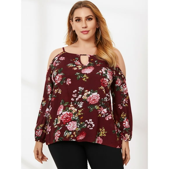 U.Vomade New Fashion Versatile Ladies Top Elegant Floral Print Round Neck Cold Shoulder Sexy Beach Shirt Plus Size Ladies Tunic Top