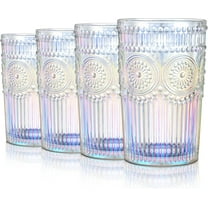 Iridescent Drinking Glasses,Embossed Vintage Water Glass Cups,Colored Ribbed Highball Tumblers with Sunflower Pattern,Romantic Glassware Set for Beverages Cocktail Juice,12.5 oz,Set of 4