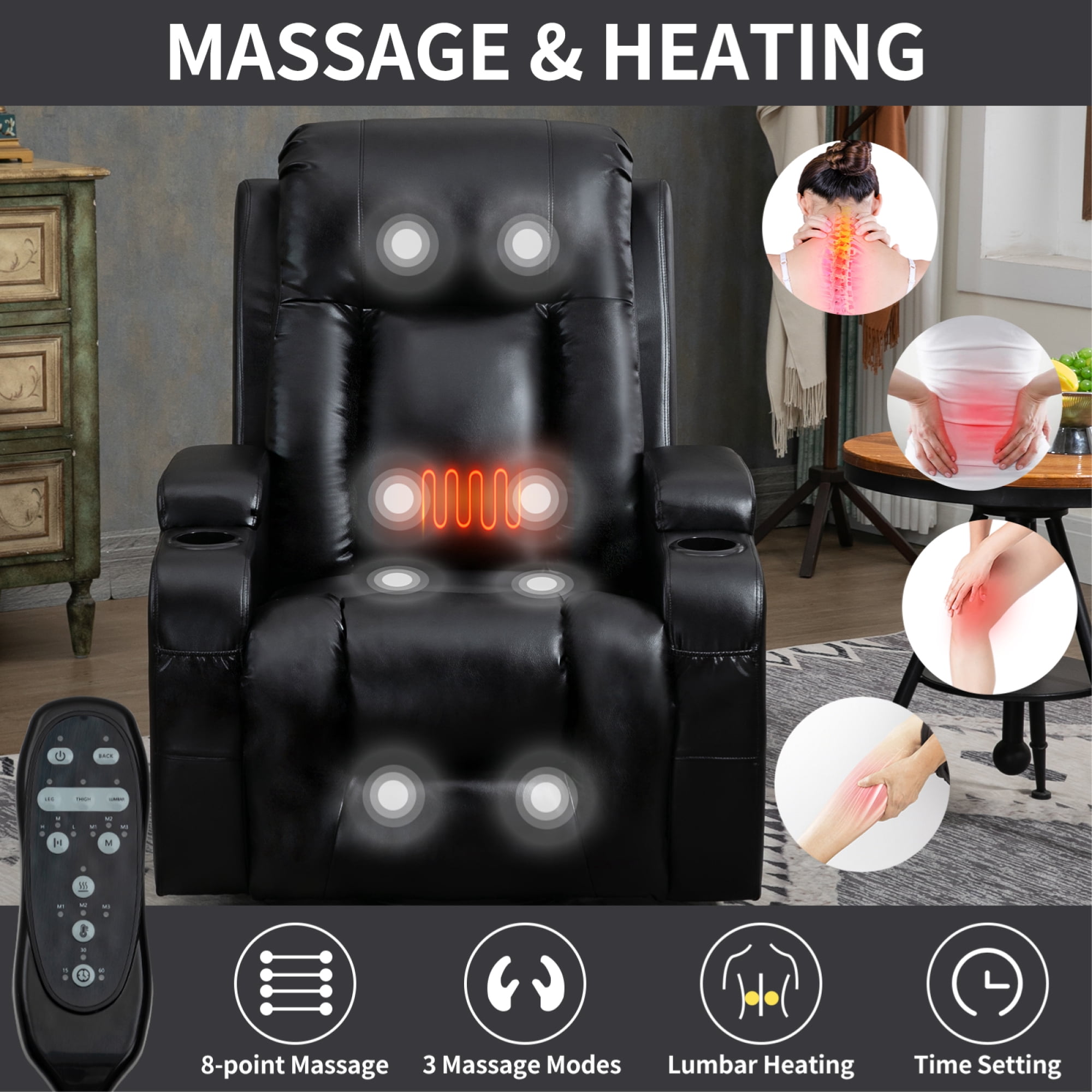Power Lift Recliner Chair for Elderly,Heavy Duty Infinite Position Recliner Chair with 8-Point Vibration Massage and Lumbar Heating,USB Charging Port, Cup Holders,Black