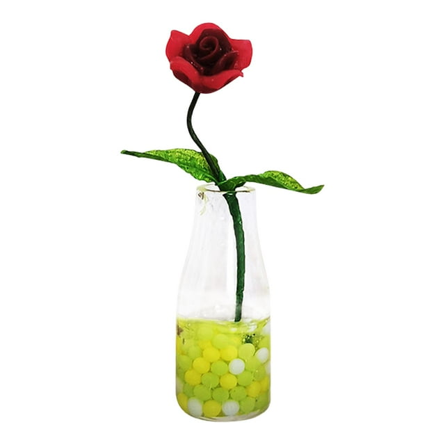 Esquirla Vase en Verre pour Maison de Poupée de Micro-Paysage, Artisanat en Résine, Miniatures de Fleurs avec Mélange de Roses Rouges