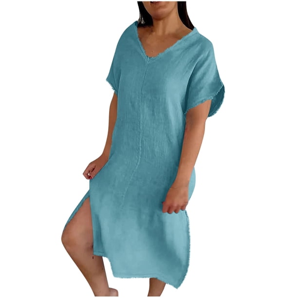 Vestido de Verano de Manga Corta para las Mujeres Vestido de Sol Sólido con Cuello en V Casual, Vestido de Ventilación de Playa para Imágenes, Uso Diario Y de Fiesta, Poliéster Ligero