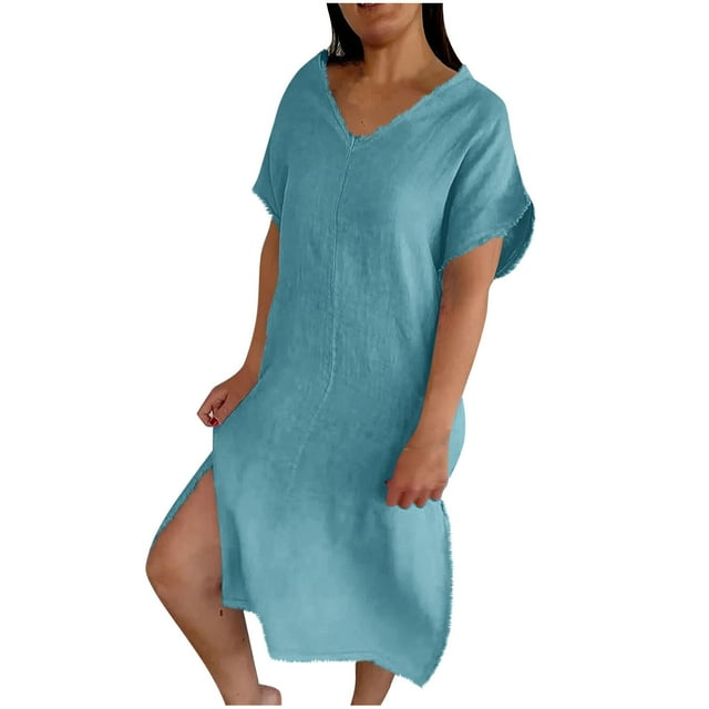 Liquidation d'Été 2025! Robe Grande Taille pour Femmes, Liquidation d'Été pour Femmes, Mode Robe d'Été Décontractée à Col en V Manches Courtes Unie pour la Plage