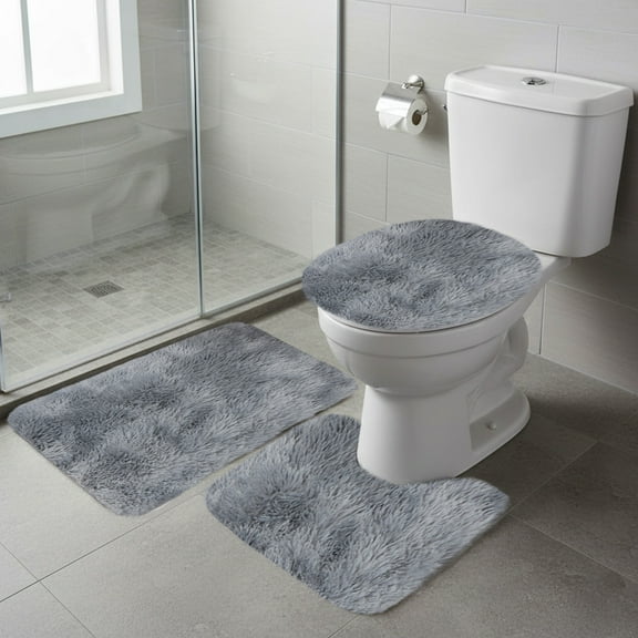 Vfedsrsge 3 Piece Winter Thick Bathroom Rugs Set - Velvet Fleece & Foam, Non Slip Water Absorbent Soft Plush Washable Dark Gray Bath Mats for Bathroom Toilet Shower, Modern Style