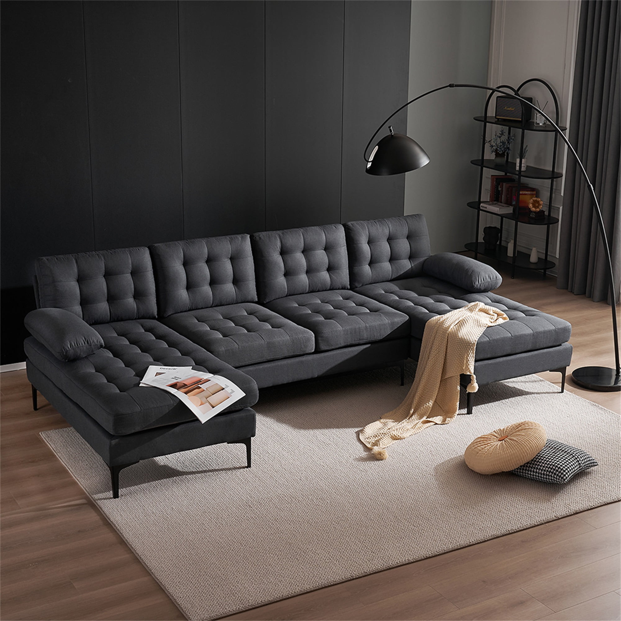 Yardi Yard Living Room Modular Sofa Upholstered U Shaped 6 Seat Couch with Chaise, Black Yardi Yard Living Room Modular Sofa Upholstered U Shaped 6 Seat Couch with Chaise, Black