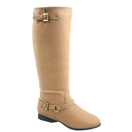 Brown Suede High Heel - Coco-1 Women's Back Zipper Military Low Flat Heel Buckle Riding Knee High Boot