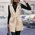 thumbnail image 3 of Women Fall Spring Vest Coat with Belt Lace-up Waist Turn-down Collar Smooth Faux Leather Mid Length Cardigan Commuting Shopping Lady Waistcoat, 3 of 8