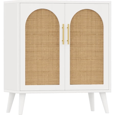 Rovaurx Rattan Storage Cabinet with Doors, Accent Bathroom Floor Cabinet, Modern Sideboard Buffet Cabinet for Living Room, Entryway, Dining Room and Kitchen, White and Natural BMGZ108WM