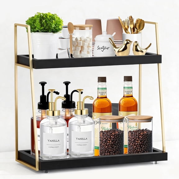 Xrg Coffee Bar Organizer for Countertop, Multifunctional Coffee Station Organizer for Accessories Storage, 2 Tier Wooden Shelf for Coffeebar, Countertop, Corner